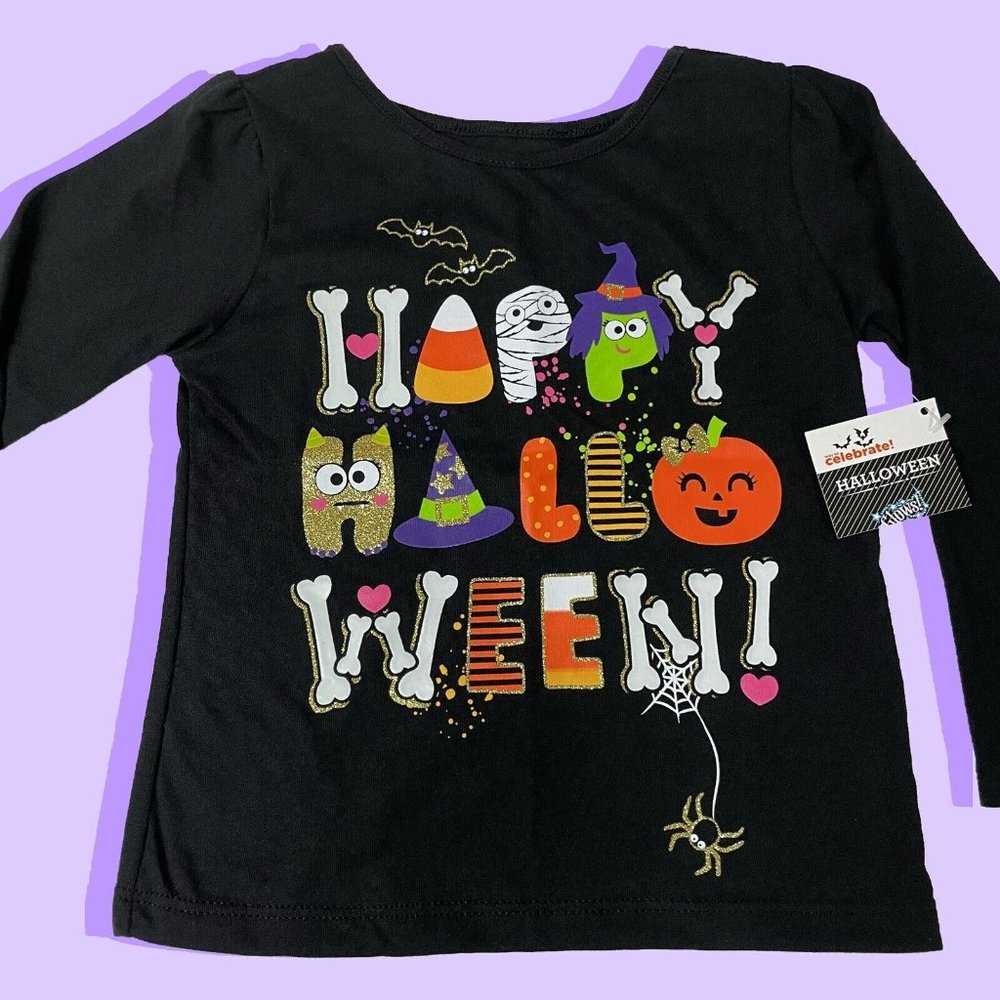 NWT Happy Halloween Glitter Glow in Dark Long Sleeve Candy Bat Black T-Shirt 2T